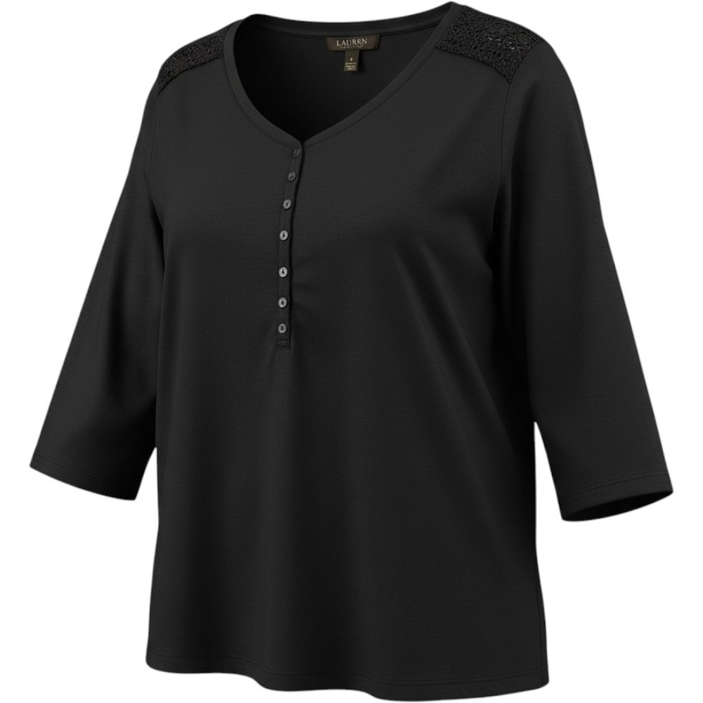 Lauren Ralph Lauren Black Cotton Henley Top Crochet Shoulder 3/4 Sleeve 3X